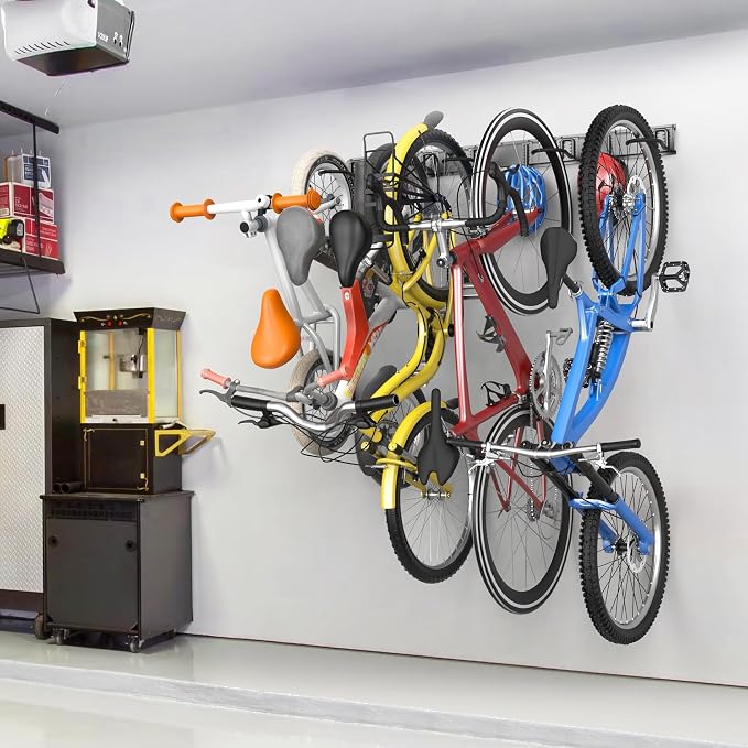 TORACK Wall Mounted Bike Storage Rack, Vertical Bikes Storage for Garage 5 Bikes Hangers for Wall, Modular Bicycle Storage Rack(3 Rails, 5 Bike Hooks, 3 Helmet Hooks)