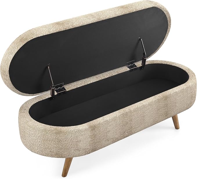 43.5” Storage Ottoman Bench，Upholstered Oval End of Bed Bench for Bedroom | Modern Linen Ottoman with Storage, Entryway Foot Rest with Wooden Legs, Lift-Top Lid with Safety Hinge, Living Room,Brown