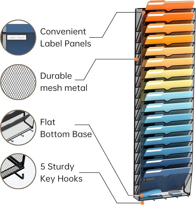 17-Tier Hanging Wall File Organizer with Hooks for Office Organization | Mesh Wall File Holder, Mail Organizer Wall Mounted for Papers, Documents, Folders and Magazines in Home Office, Classroom