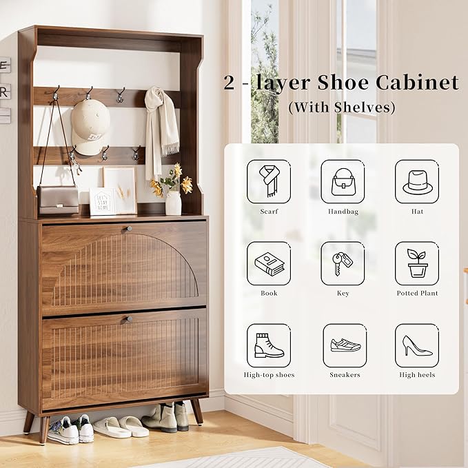 Fsbecl Shoe Cabinet for Entryway with 2 Flip Drawers & Coat Rack, Narrow Hidden Shoe Storage Cabinet with Fluted Panel, 2-in-1 Hall Tree Slim Freestanding Shoe Rack Organizer for Hallway