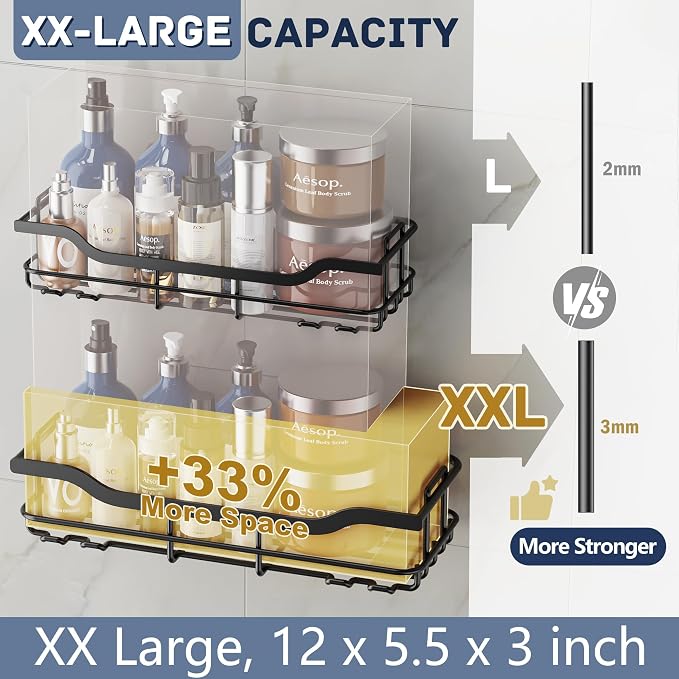 OMAIRA 3-Pack Shower Caddy with Soap Holder, Adhesive Rustproof No-drill Strudy Loading Inside Shower Organizer Shelves Rack Storage Bathroom Organization for Smooth Wall Glass Tile, Black (XX-Large)