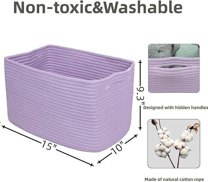 XUANGUO Woven Cotton Rope Storage Baskets 15x10x9.3" 3 Pack Purple Lavender | Decorative rectangular storage baskets for shelves and closets; storage bins organize clothes, toys, books and nursery items.