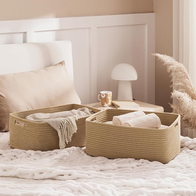 2 Pack Storage Baskets for Organizing, Large Woven Storage Basket, Brown | 17"Lx13"Wx7.5"H, Cotton Rope Basket, Toy Storage, Cube Shelf, Closet Shelf Organizer, Clothes Storage, Home Decor