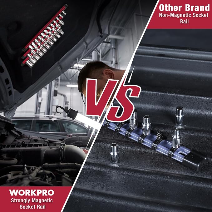 WORKPRO Magnetic Socket Organizer, Heavy Duty 1/4-Inch Drive Socket Rail | 1 Piece Socket Holder with 12 Spots, Aluminum Alloy, Rotatable & Movable Clips, Efficient Organization