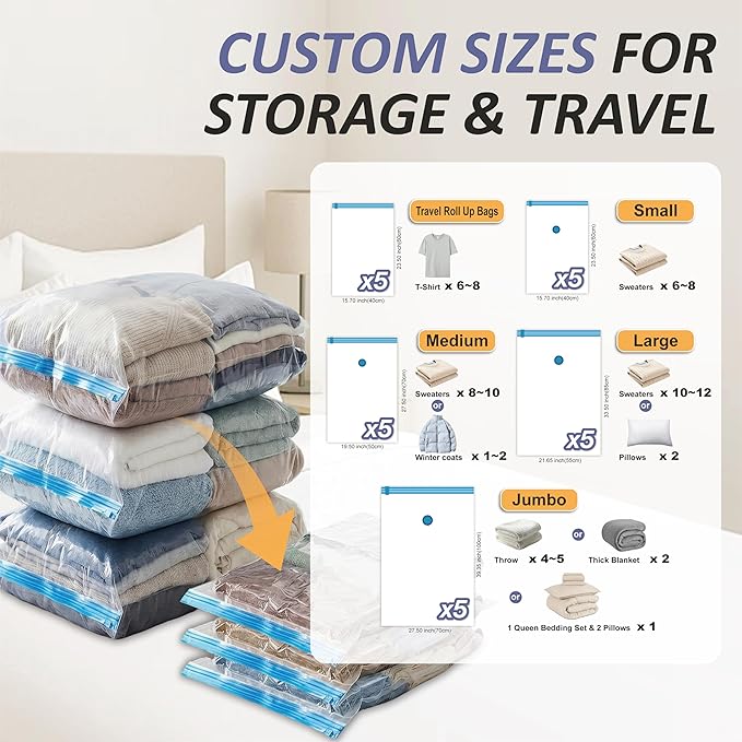 Cozy Essential Vacuum Storage Bags, 80% Compression Vacuum Seal Space Saver Plastic Packaging Bags for Clothes, Blankets, Pillow, Bedding, Comforters, Sealer Clothing Storage,25 Combo