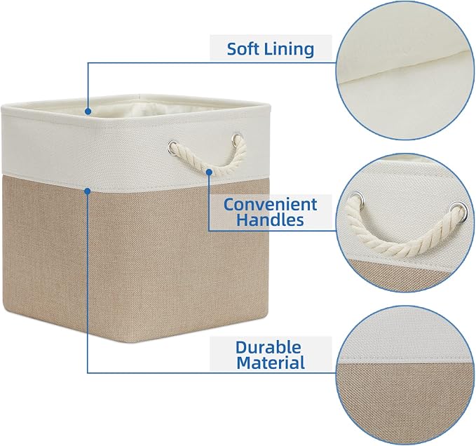 Temary 4 Pack Cube Storage Bins Cloth Baskets for Shelf, Fabric Storage Cubes 12 x 12 Baskets Gift Empty Basket with Handles, Basket for Storage (White&Khaki)
