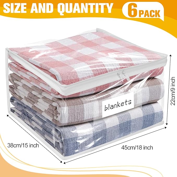 Kikerike Plastic Storage Bags with Easy-Glide Zipper, Pack of 6, Durable Clear Vinyl Zippered Storage Bags for Clothes Sweaters Comforters Blankets Sheets Bedding (18 x 15 x 9 Inch, White)