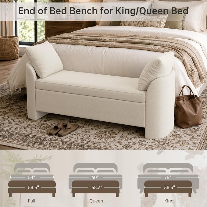 Usaint 58.3" Upholstered Storage Ottoman Bench with 2 Throw Pillows, Beige | End of Bed Bench with Curved Arms and Thickened Seat Cushion for Bedroom, Livingroom, Window, Entryway and Dressing Areas