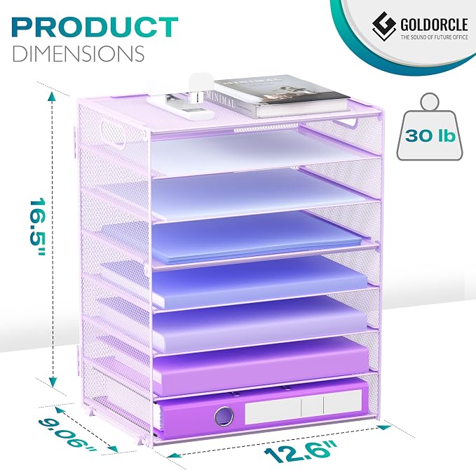 8 Tier Paper Letter Tray Organizer with Handles for Desk (Purple) | Mesh Desk File Holder Storage Organization for Home School Classroom & Office