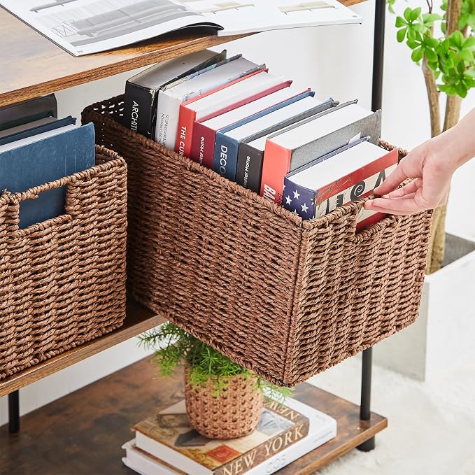 Vagusicc Wicker Storage Basket, Set of 2 Hand-Woven Paper Rope Wicker Basket, Small Storage Baskets for Organizing Toilet Paper, Foldable Large Cube Storage Organizer Baskets Bin for Shelves (Brown)