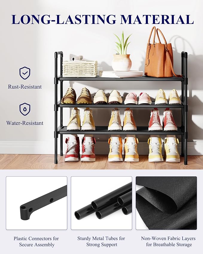 Kitsure Shoe Rack for Closet, Shoe Organizer, 27.6" Wide - 3 Tier, Black | Shoe Storage for Closet, Entryway, Easy- Assembly& Space-Saving Shoe Shelf with Side Handle, Closet Organizer