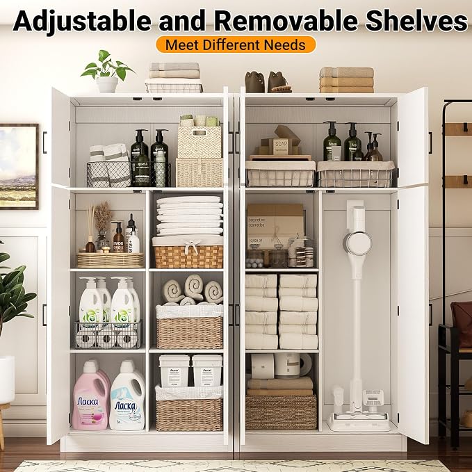 Unikito 71” Tall Kitchen Pantry Cabinet with Adjustable Shelves, 2 Pack | Large Farmhouse Storage Cabinets, Barn Doors, Sturdy and Deep, Versatile for Dinning Room, Living Room, Office, White