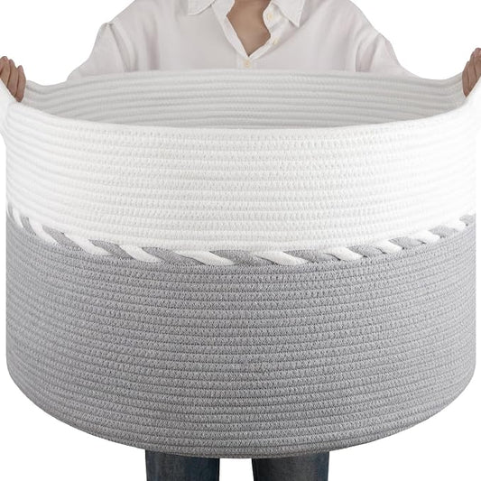 OIAHOMY 90L Extra Large Blanket Basket - Decorative Cotton Rope Storage Basket for Bedroom, Living Room & Nursery - Woven Laundry Hamper for Organizing Blankets, Clothes & Toys - Grey & White