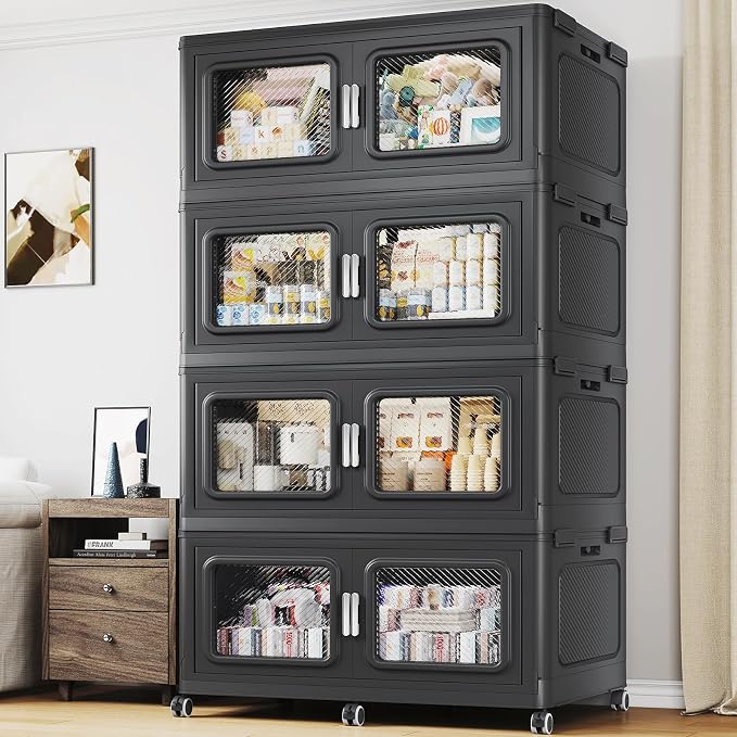 BROVIEW 880 Qt Extra Large Stackable Storage Bin with Lids, 4 Pack Black | 220Gal Extra Large, Collapsible Storage Boxes with 4 Lids, Folding& Rolling Plastic Drawer, Heavy-Duty Cabinet Organization