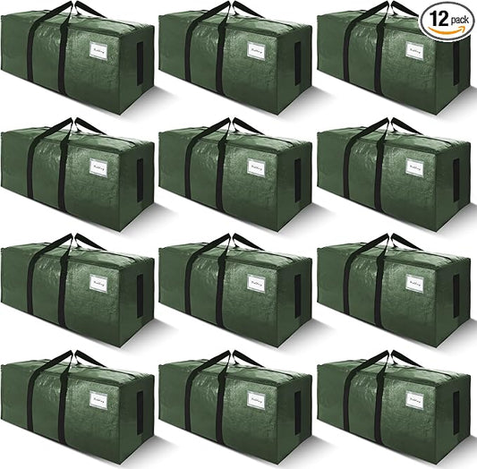 SWEET DOLPHIN 12 Pack 200LB Heavy-Duty Moving Bags with Wrap-Around Handles, Extra Large Storage Totes for Space Saving, Clothes Storage Bags, College Dorm Essentials, Green, 24 Gal