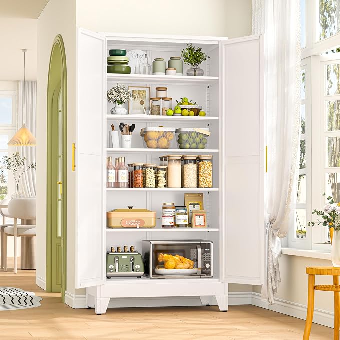 GAIOUS 75.2" Tall Metal Storage Cabinet with 2 Doors and 5 Adjustable Shelves, New upgrade Kitchen Pantry Cabinet, White Freestanding Cupboard, 6 Tier Steel Storage for Office, Kitchen, Dining, Garage