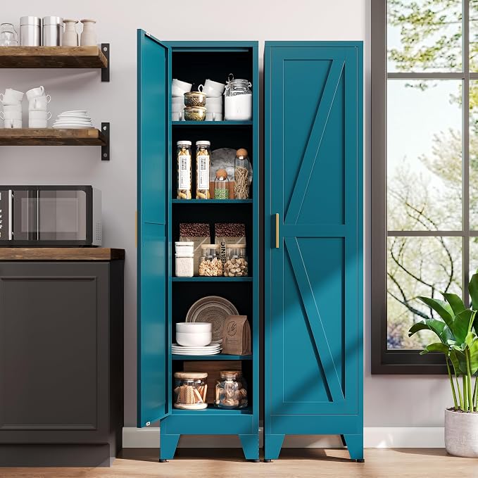 67“H Blue Narrow Kitchen Cabinet, Metal Skinny Pantry Storage Cabinet,Tall Narrow Bathroom Storage Cabinet with Adjustable Shelves,Slim and Thin Pantry Cabinets for Living Room Dining Room