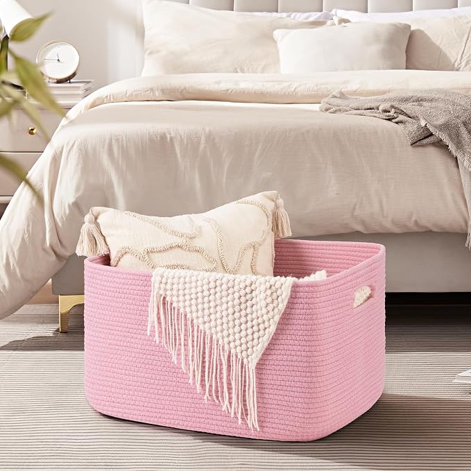 OIAHOMY 75L Blanket Basket, Woven Cotton Rope Basket for Organizing 22”x17”x12”, Used for Living Room, Bedroom, Nursery, Pink