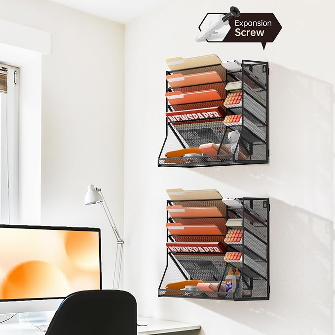 5-Tier Wall File Organizer with 4 Pen Holders and R-Shaped Tray, Black | 5-Tier Wall Organizer and Wall File Organizer with 4 Pen Holders and R-Shaped Base for Wall Mount or Desktop Use