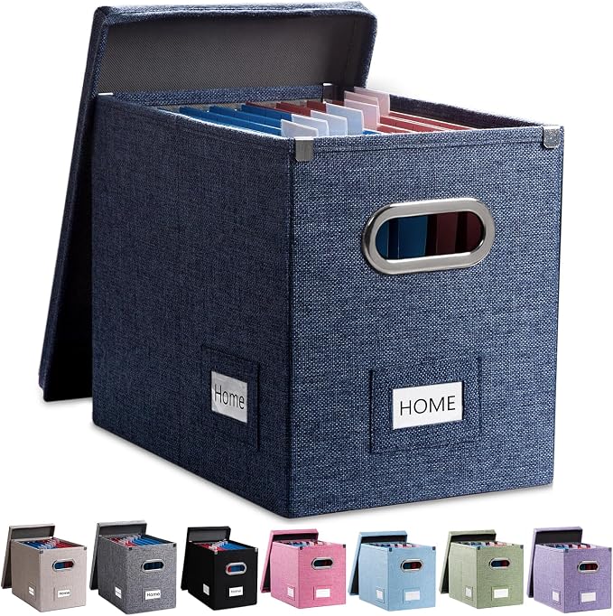 File Organizer Box - Set of 1 Collapsible Decorative Linen Filing Storage Hanging File Folders with Lids Office Cabinet Letter Size Navy Blue (14x9.3x10.8 inch)