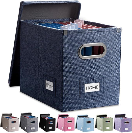 File Organizer Box - Set of 1 Collapsible Decorative Linen Filing Storage Hanging File Folders with Lids Office Cabinet Letter Size Navy Blue (14x9.3x10.8 inch)