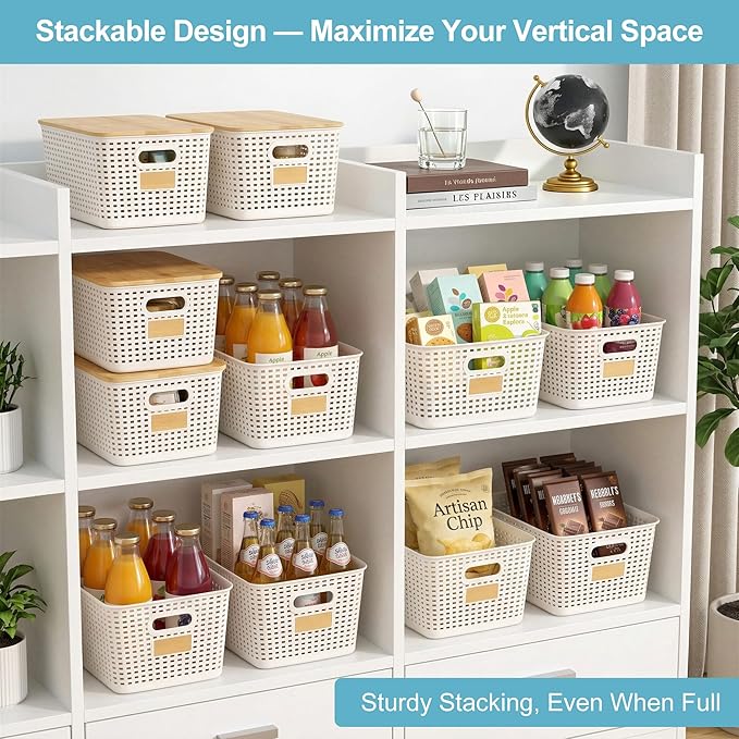 Bagnizer 2 Pack Tall Plastic Storage Bins with Bamboo Lids, 10.8qt Stackable Storages Baskets for Organizing Desktop Closet Playroom Classroom Office, 12"L x 8.3"W x 6.1"H, Cream White