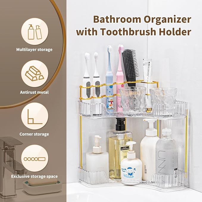 Makeup Organizer 2-Tier Bathroom Counter Organizer with Makeup Brush Holder | Corner Bathroom Organizer Countertop, Acrylic Counter Storage for Bathroom Dresser, Skincare Perfume Organizer-Clear