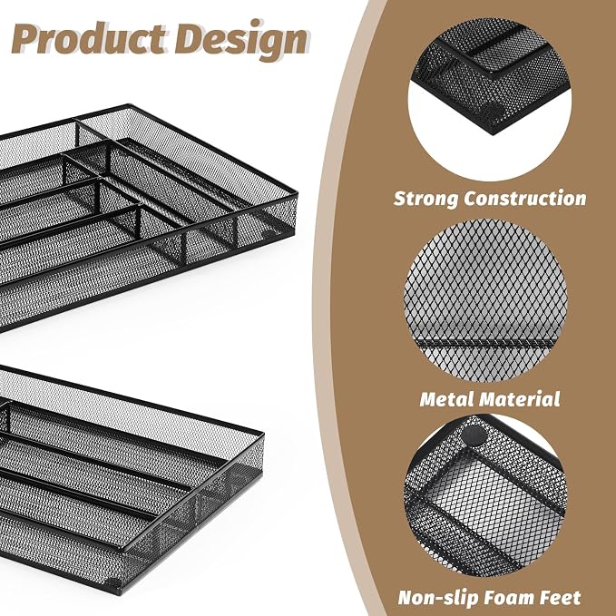 Sedegn mesh silverware tray for drawer: 6 Compartments for Easy Sorting | Sized at 11.3" x 16" for kitchen drawers with non-slip feet, metal mesh design for easy cleaning, organizing flatware Black