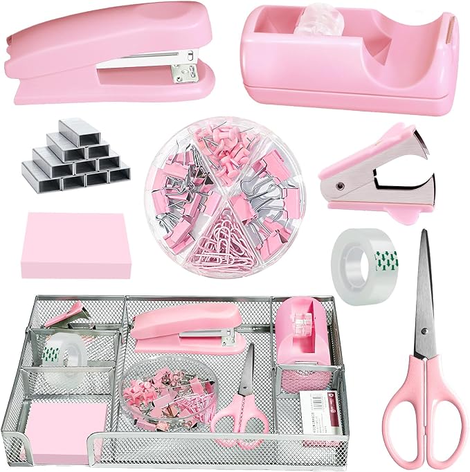 Pink Office Desk Accessories Set with Stapler, Tape Dispenser & Organizer | Pink Office Supplies Set with Stapler, Tape Dispenser, Scissors, Clips and More for Organized Workspace