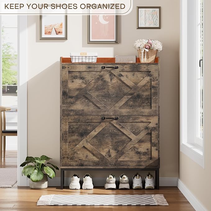 Nicetree Shoe Cabinet with 2 Flip Drawers, Entryway Organizer, Chestnut | Slim Wood Shoe Rack with Metal Legs, Farmhouse Shoe Cabinet Storage for Entryway, Foyer, Hallway, Shoe Dresser with Hook