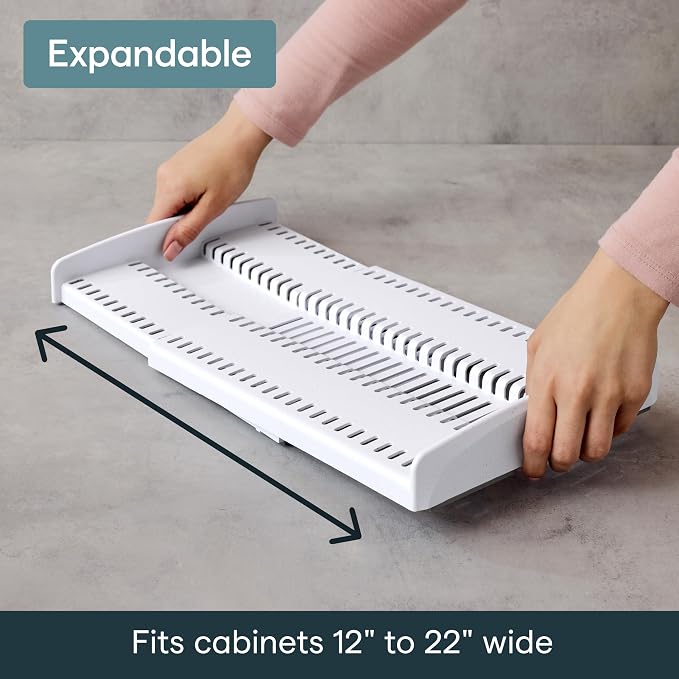 YouCopia StoreMore Expandable Cookware Rack with Tall Steel Wires, 12.5"-22" Wide Adjustable Pan Organizer for Kitchen Cabinet Storage, Premium Edition