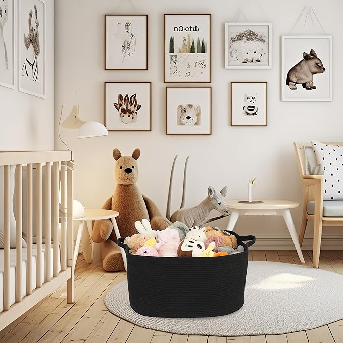 XUANGUO Large Rectangle Woven Cotton Rope Blanket Basket 22"x17"x12" Black | Storage basket for nursery and living room; toy basket for kids, dog toy storage, or laundry basket for clothes and towels.
