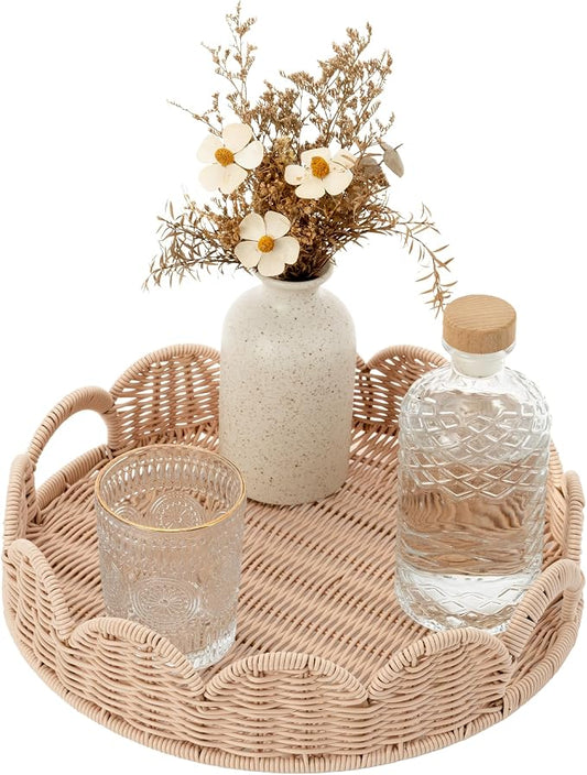 GRANNY SAYS Wicker Decorative Scalloped Trays for Home Decor, Coffee Table Trays with Handles, Woven Rattan Tray for Kitchen Counter, Round Serving Tray Decor for Living Room and Ottoman