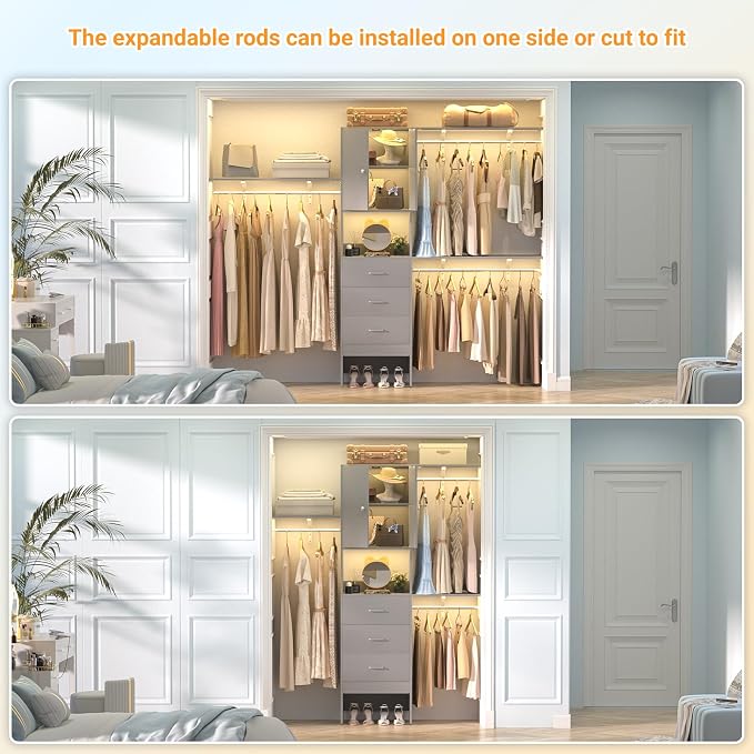 Armocity 96 Inches Closet System with Doors, 8FT Walk In Closet Organizer with 2 Shelving Towers, Heavy Duty Clothes Garment Rack with 3 Wood Drawers, 96"L x 16"W x 80"H, Max Load 1000 LBS, Grey