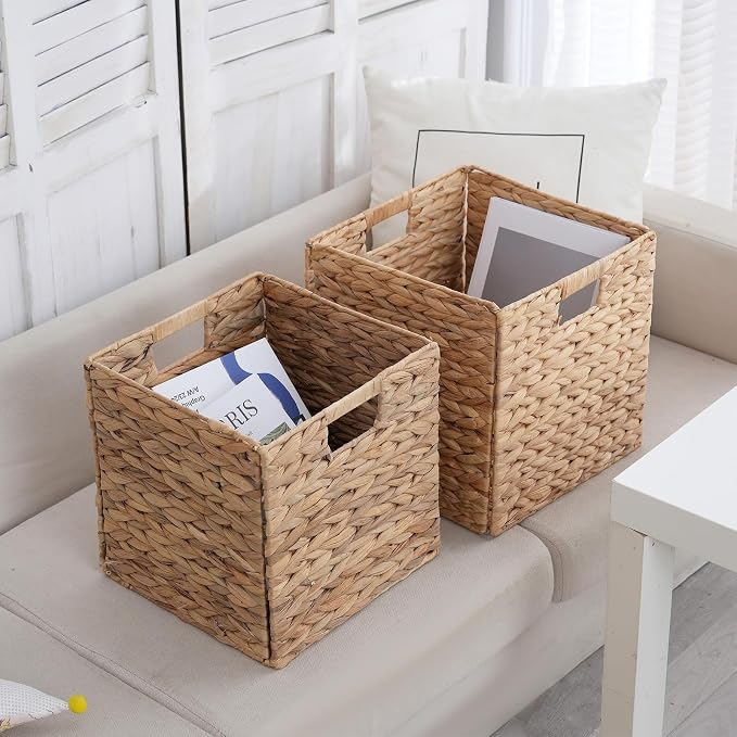 Wicker Storage Cubes, Foldable Storage Bins, 12x12x12 Inch, 2-Pack | 2-pack 12x12x12" foldable water hyacinth wicker cubes; collapsible storage bins for shelves, closets and home organization.
