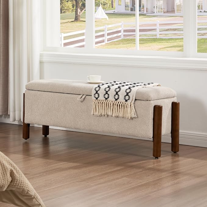 47'' Modern Storage Ottoman Benches with Walnut Wood Legs Ottoman Bench with 22 Gallons Storage Space Fabric Upholstered Seating End of Bed Bench for Bedroom for Livingroom Khaki