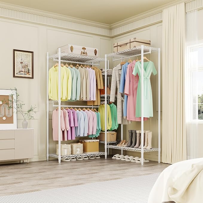 Heavy Duty Clothes Rack with Shelves, 71" H Freestanding Closet Organizer System, Large Capacity 3-Unit Metal Garment Rack L-shaped Combo for Hanging Clothes, Bedroom & Laundry Room, 85.4"L x 17.4"W
