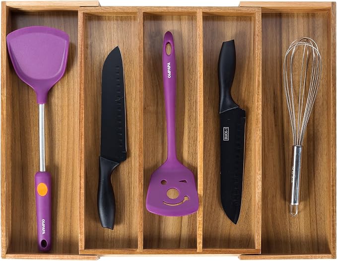Utoplike Acacia Kitchen Drawer Organizer Expandable, Utensils Cutlery Tray | Large Silverware Divider for Knives, Flatware, Knives in Kitchen, Bedroom, Living Room, Adjustable 3-5 Slots