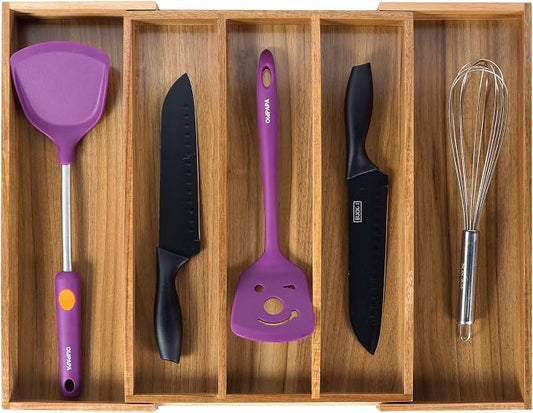 Utoplike Acacia Kitchen Drawer Organizer Expandable, Utensils Cutlery Tray | Large Silverware Divider for Knives, Flatware, Knives in Kitchen, Bedroom, Living Room, Adjustable 3-5 Slots