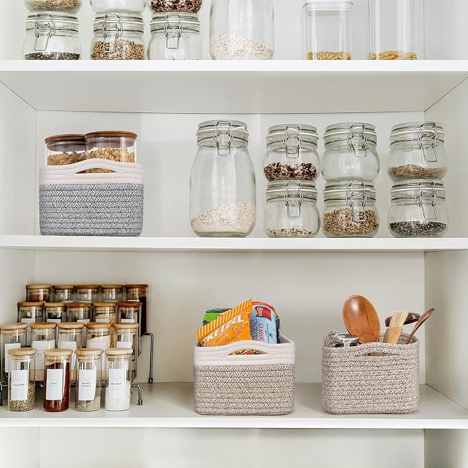 Goodpick 3-Pack Cotton Rope Baskets for Shelves, 11 x 7 x 4.5 in | Rope Baskets for Shelves, Closet Organizer Bins, Empty Baskets for Gifts, Woven Basket for Living Room, White & Brown