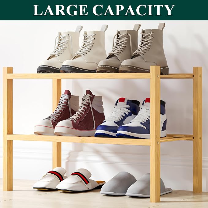 Smiry Bamboo Shoe Rack, 12 Vertical Slats, 2 Tier - 17.3" Wide, Natural | Stackable Free Standing Wooden Shoe Organizer, Wood Shoe Storage Shelf for Closet, Entryway
