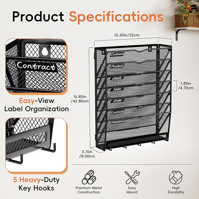2Pack 8-Tier Wall File Organizer with Hook, Hanging File Organizer Black | Wall-mounted mail storage holds papers, folders, files, clipboards and magazines, assembly required for office or home use.