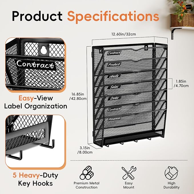 8-Tier Wall File Organizer with Hook, Hanging File Organizer Black | Wall-mounted mail storage holds papers, folders, files, clipboards and magazines, assembly required for office or home use.