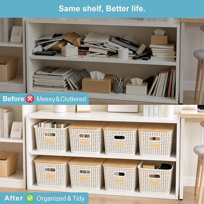 Bagnizer 2 Pack Tall Plastic Storage Bins with Bamboo Lids, 10.8qt Stackable Storages Baskets for Organizing Desktop Closet Playroom Classroom Office, 12"L x 8.3"W x 6.1"H, Cream White