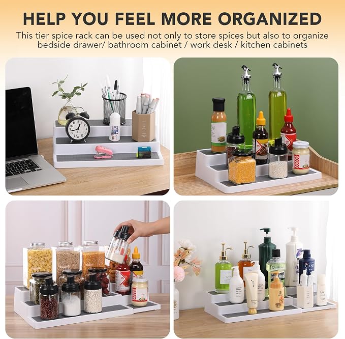 CiWiVOKi 3 Tier Expandable Spice Rack Organizer, White/Grey Plastic Spice Rack, Adjustable Length 14.6In-25.8In, 2 Pack Non-Skid Tiered Spice Shelf Organizer for Kitchen Cabinet, Cupboard, Pantry