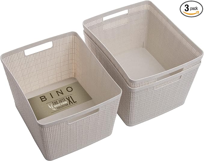 BINO Woven Plastic Basket | Large (Natural), 3-Pack | THE JUTE COLLECTION | Home Organization, Space-Saving Storage, Stylish Design | Plastic Storage Basket