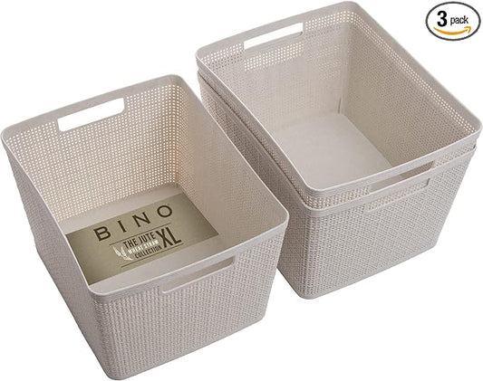 BINO Woven Plastic Basket | Large (Natural), 3-Pack | THE JUTE COLLECTION | Home Organization, Space-Saving Storage, Stylish Design | Plastic Storage Basket