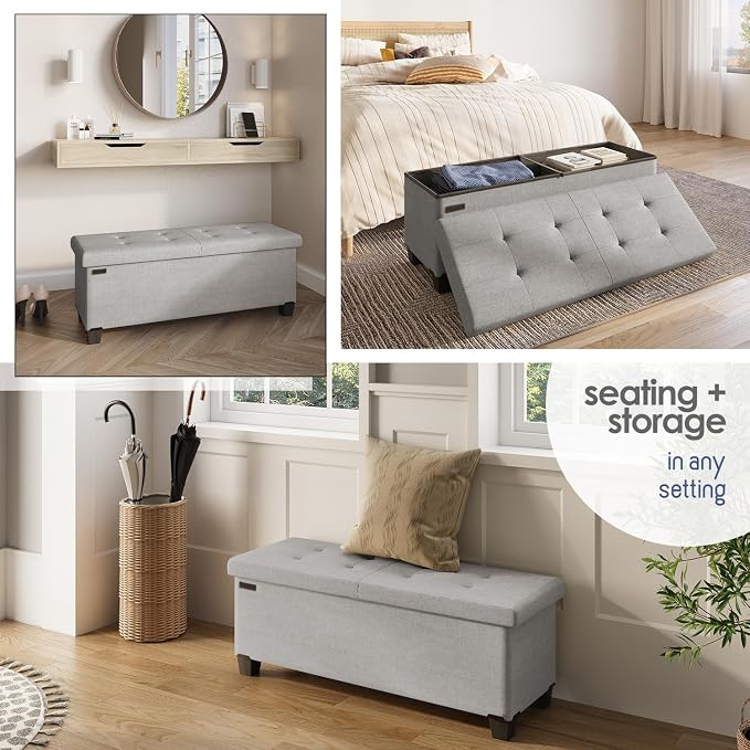 Storage Ottoman Bench with Bins, 43-in Storage Bench for Bedroom End of Bed, Folding Foot Rest Ottoman for Living Room Max 660lbs, Fabric Ottomans, Light Grey