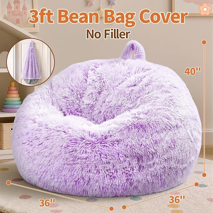 Stuffed Animal Storage Bean Bag Chair Cover, Soft Bean Bag Cover | Fluffy Faux Fur Stuffed Animal Storage Chair, Non-Slip Bottom, Fill with Plush Toys or Blankets, for Adults Teens Kids Girls