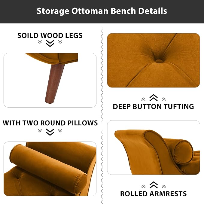 Storage Bench for Bedroom End of Bed, Velvet Upholstered Rolled Armed Button Tufted Sofa Stool Bench, Storage Ottoman Couch Long Bench with Solid Wood Legs (Brown)